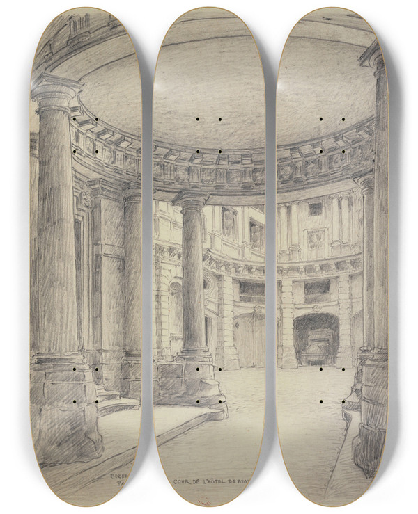 Triptych art skateboard deck of Ferdinand Boberg Cour De Lhtel De Beauvais by Ferdinand Boberg (1860-1946)