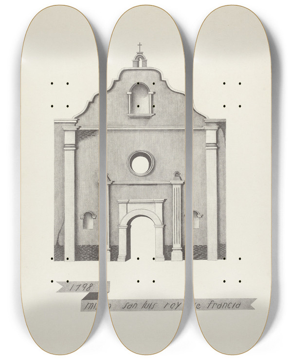 Triptych art skateboard deck of James Jones Mision San Luis Rey De Francia_1 by James Jones