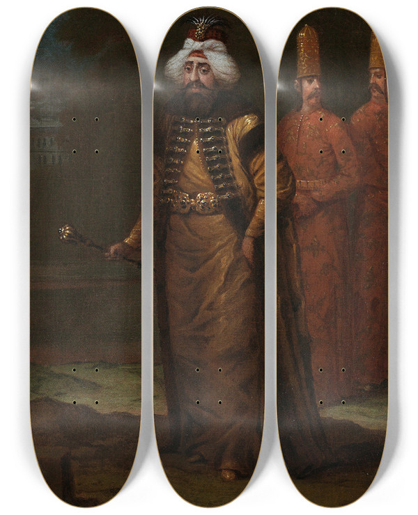 Triptych art skateboard deck of Jean Baptiste Vanmour Sultan Ahmed Iii by Jean Baptiste Vanmour (1671-1737)