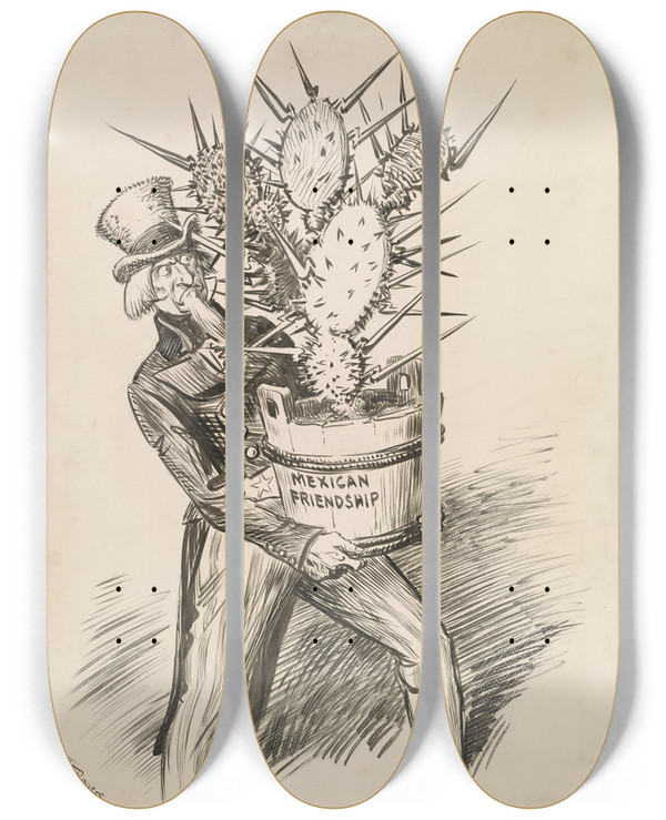 Triptych art skateboard deck of William Allen Rogers A Sensitive Plant by William Allen Rogers (1854-1931)