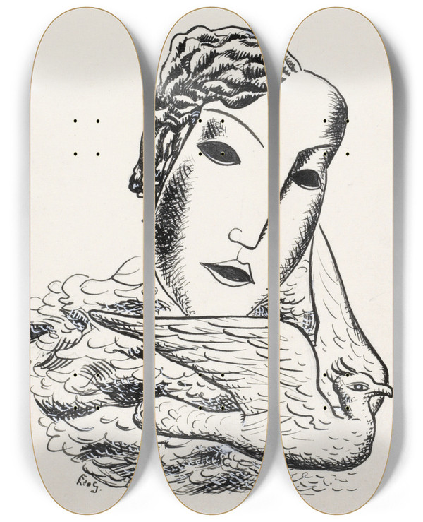 Triptych art skateboard deck of Leo Gestel Vrouwenkop Met Vogel Schets_2 by Leo Gestel (1881-1941)