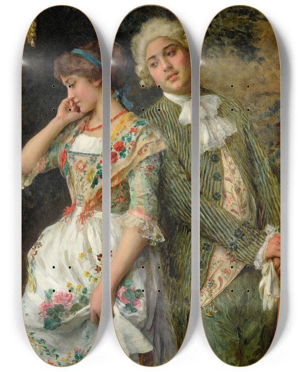 Triptych art skateboard deck of Federico Andreotti A Bashful Maiden by Federico Andreotti (1847-1930)