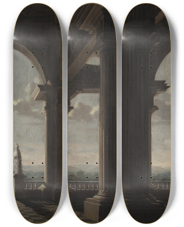 Triptych art skateboard deck of Danil De Blieck Architecture Piece by Daniel De Blieck (1610-1673)