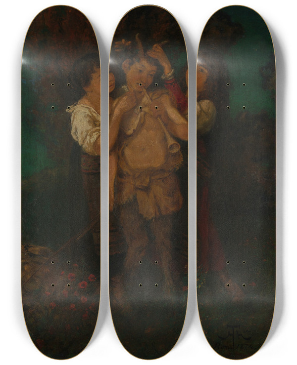Triptych art skateboard deck of Hans Thoma Der Gefeierte Pan by Hans Thoma (1839-1924)