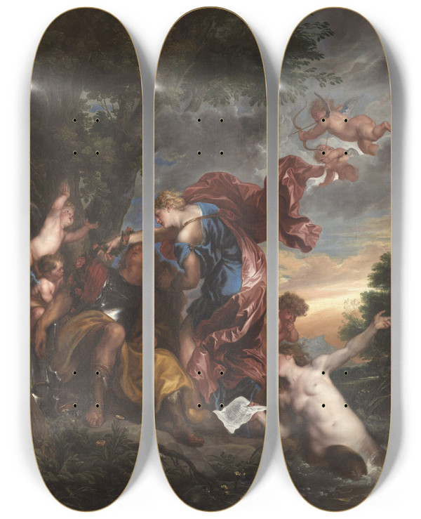 Triptych art skateboard deck of Anthony Van Dyck Rinaldo And Armida by Anthony Van Dyck (1599-1641)