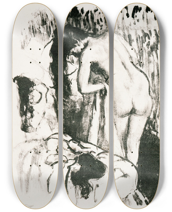 Triptych art skateboard deck of Edgar Degas Nude Woman Standing Drying Herself by Edgar Degas (1834-1917)