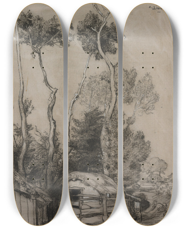 Triptych art skateboard deck of Auguste Louis Lepre Landscape With Cottages by Auguste Louis Lepere (1849-1918)