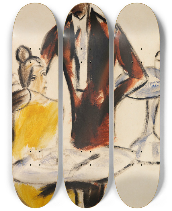 Triptych art skateboard deck of Christian Rohlfs Paar Szene Im Caf by Christian Rohlfs (1849-1938)