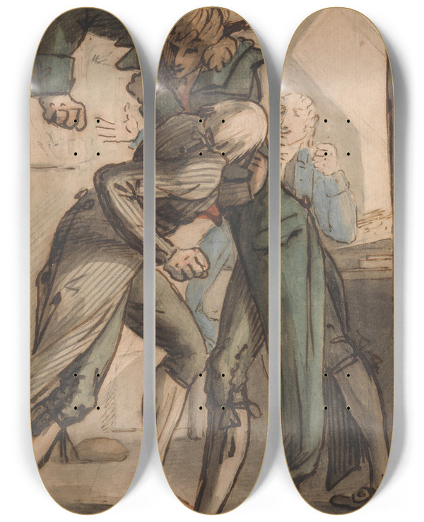 Triptych art skateboard deck of George Shepheard Shepheard Field And Haughton Fighting by George Shepheard (1770-1842)