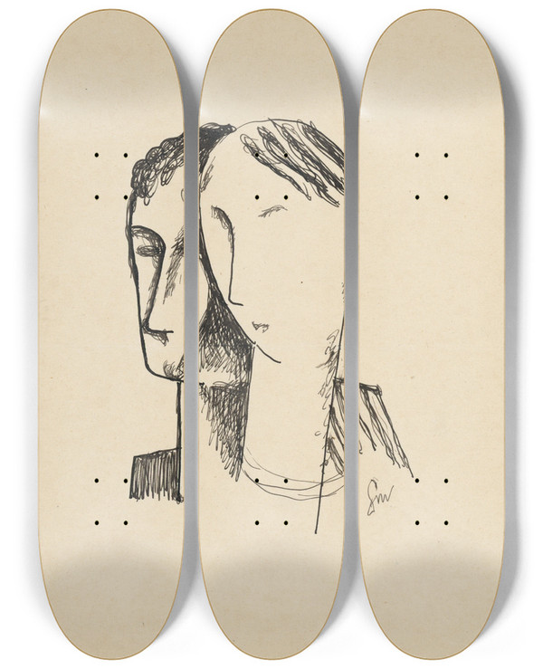 Triptych art skateboard deck of Mikul Galanda Dve Hlavy by Mikulas Galanda (1895-1938)