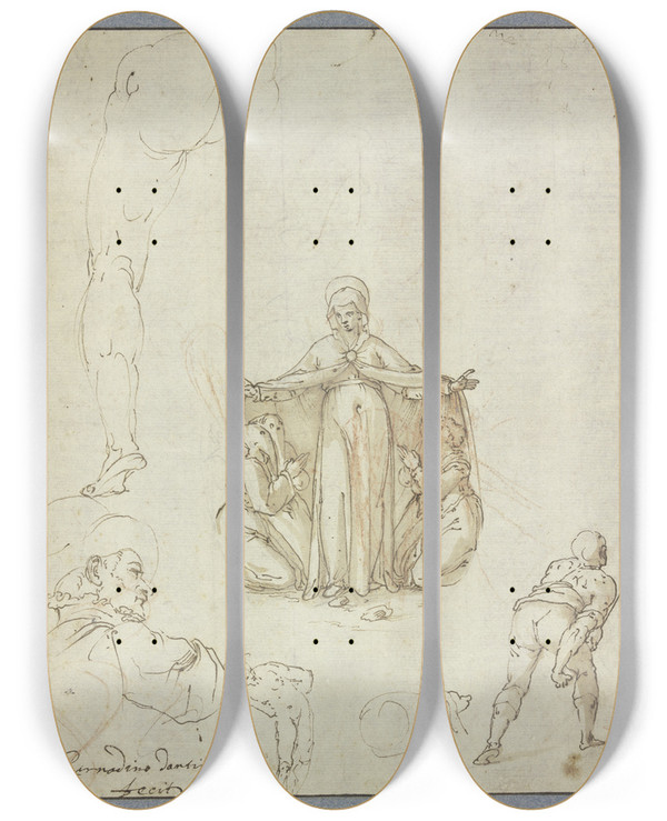 Triptych art skateboard deck of Bernardino Passeri Schutzmantelmadonna Und Einzelstudien by Bernardino Passeri