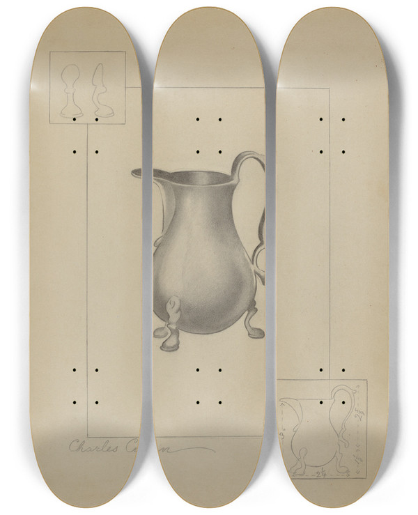 Triptych art skateboard deck of Charles Cullen Pewter Creamer by Charles Cullen (20-)