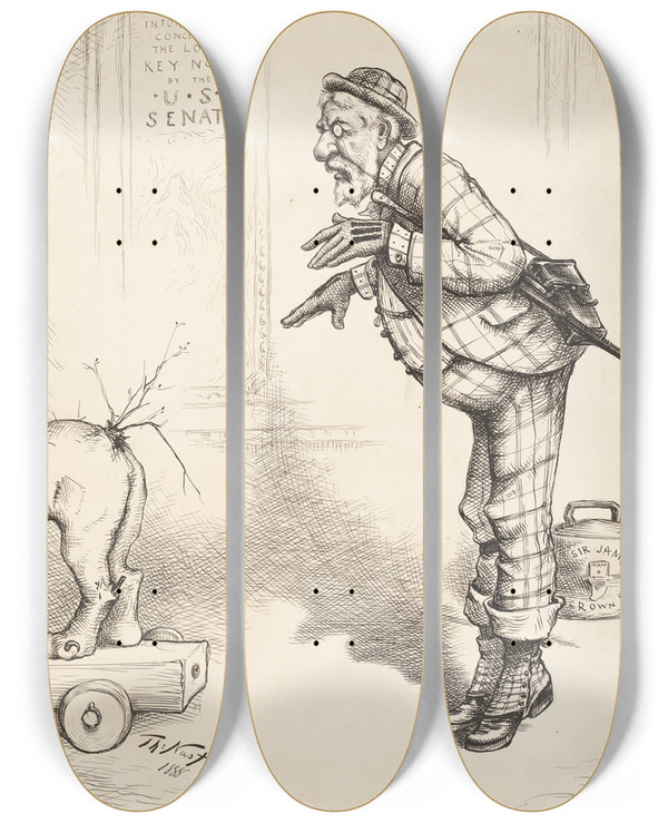 Triptych art skateboard deck of Thomas Nast James Gillespie Blaine by Thomas Nast (1840-1902)