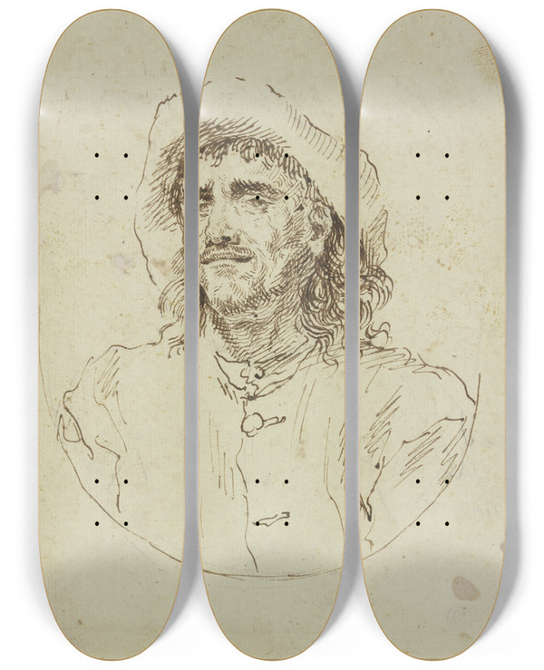 Triptych art skateboard deck of Bartolomeo Gennari Brustbild Eines Bauern Mit Hut by Bartolomeo Gennari