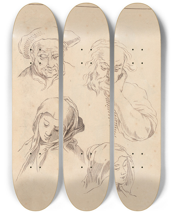 Triptych art skateboard deck of Hamlet Winstanley Various Sketches Of Heads_1 by Hamlet Winstanley (1698-1756)