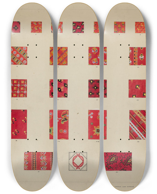 Triptych art skateboard deck of Francis Law Durand Printed Quilted Patches by Francis Law Durand (1935)
