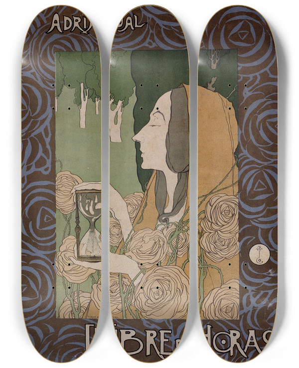 Triptych art skateboard deck of Adri Gual Llibre Dhoras by Adria Gual (1872-1943)
