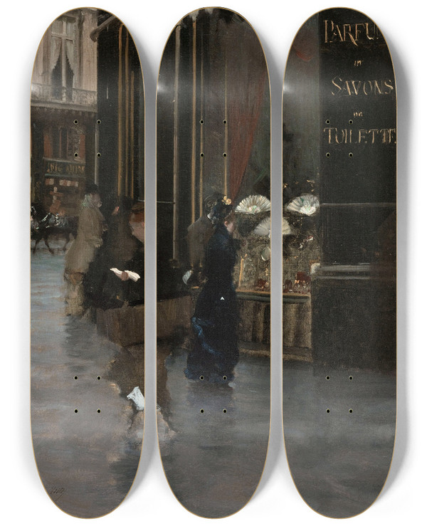 Triptych art skateboard deck of Giuseppede Nittis La Parfumerie Violet Langle Du Boulevard Des Capucines Et De La Rue Scribe by Giuseppe De Nittis (1846-1884)