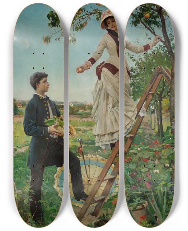 Triptych art skateboard deck of Paul Gervais Picking Peaches by Paul Gervais (1859-1944)