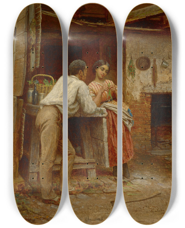 Triptych art skateboard deck of Eastman Johnson Southern Courtship by Eastman Johnson (1824-1906)