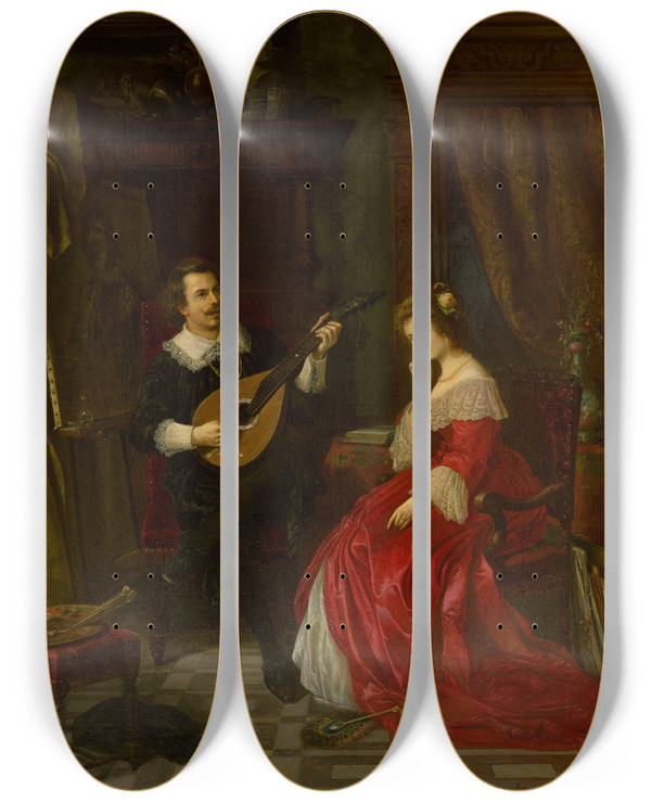 Triptych art skateboard deck of Eduard Majsch Serenade by Eduard Majsch (1841-1904)