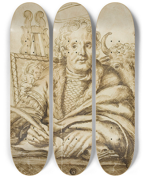 Triptych art skateboard deck of After Cornelis Visscher Saint Luke by After Cornelis Visscher (1629-1658)
