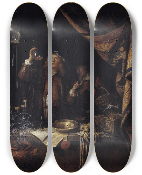 Triptych art skateboard deck of Gerrit Dou A Visit To The Doctor by Gerrit Dou (1613-1675)