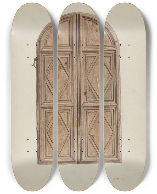 Triptych art skateboard deck of Rose Campbellgerke Cabinet Doors by Rose Campbell Gerke (1882)