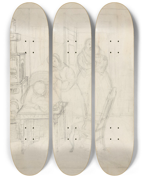 Triptych art skateboard deck of Adolph Tidemand Fire Figurer I Interir by Adolph Tidemand (1814-1876)