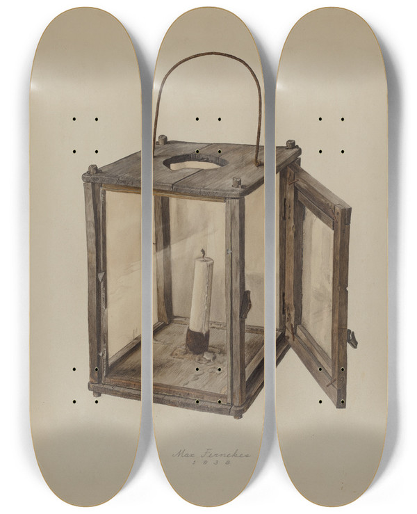 Triptych art skateboard deck of Max Fernekes Candle Lantern by Max Fernekes