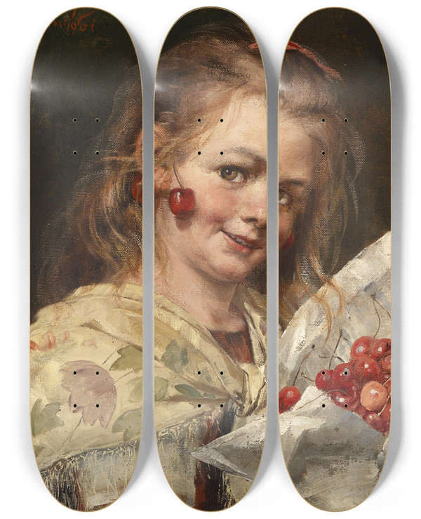Triptych art skateboard deck of Georg Rssler Mdchen Mit Kirschen by Georg Rossler (1861-1925)