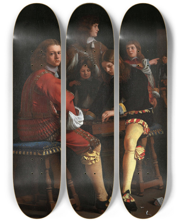 Triptych art skateboard deck of Michael Sweerts The Draughts Players by Michael Sweerts (1618-1664)