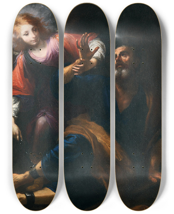 Triptych art skateboard deck of Simone Pignoni The Liberation Of Saint Peter by Simone Pignoni (1611-1698)