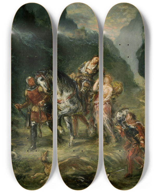 Triptych art skateboard deck of Eugne Delacroix Angelica And The Wounded Medoro by Eugene Delacroix (1798-1863)
