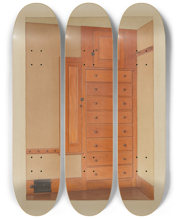 Triptych art skateboard deck of American 20Th Century Shaker Builtin Cupboard by American 20Th Century