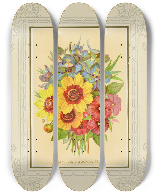 Triptych art skateboard deck of Marcus Ward Co Larkspur Calliopsis Phlox by Marcus Ward Co