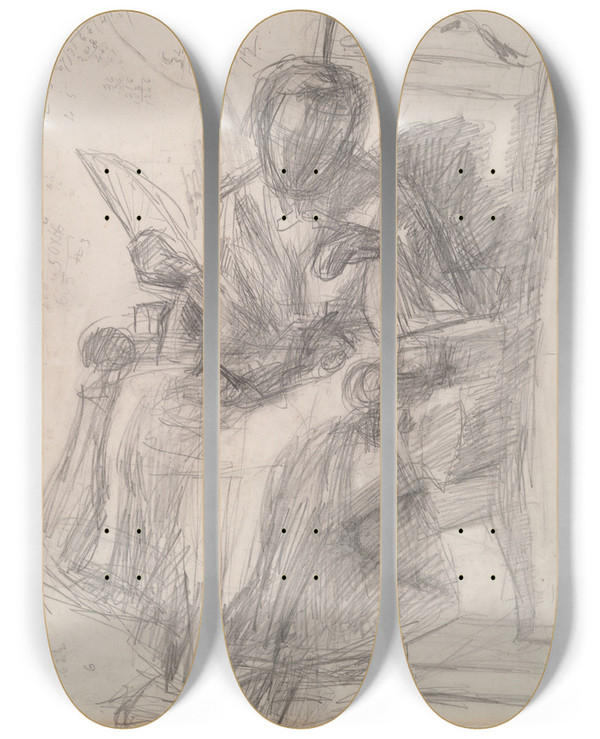 Triptych art skateboard deck of Thomas Eakins Study For Girl With Cat Katherine by Thomas Eakins (1844-1916)