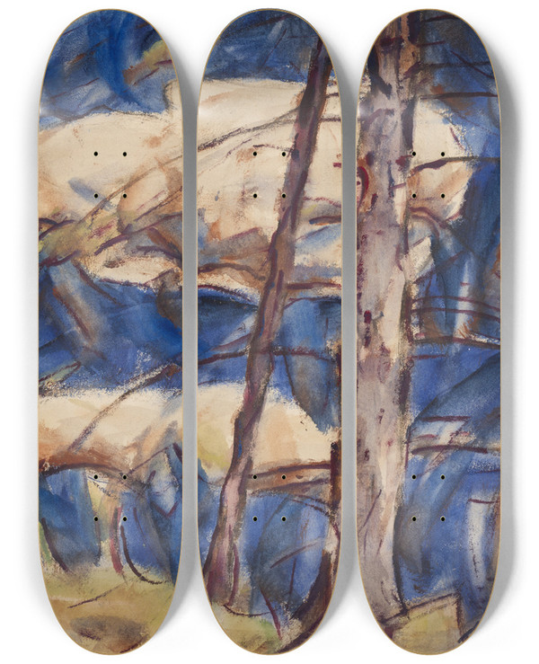 Triptych art skateboard deck of Christian Rohlfs Bare Conifers by Christian Rohlfs (1849-1938)