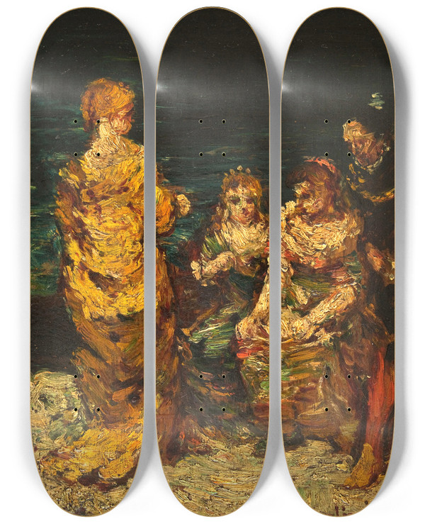 Triptych art skateboard deck of Adolphe Monticelli La Conversation Interrompue by Adolphe Monticelli (1824-1886)