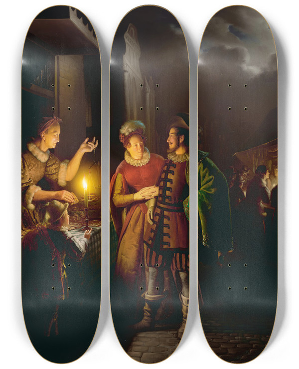 Triptych art skateboard deck of Petrus Van Schendel A Gingerbread Seller By Candlelight by Petrus Van Schendel (1806-1870)