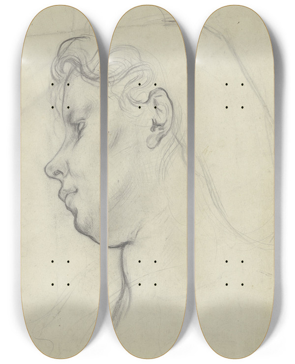Triptych art skateboard deck of Otto Scholderer Kopf Eines Mdchens Im Profil Nach Links by Otto Scholderer (1834-1902)