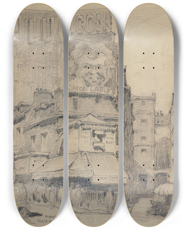 Triptych art skateboard deck of Ferdinand Boberg La Place Blanche_2 by Ferdinand Boberg (1860-1946)