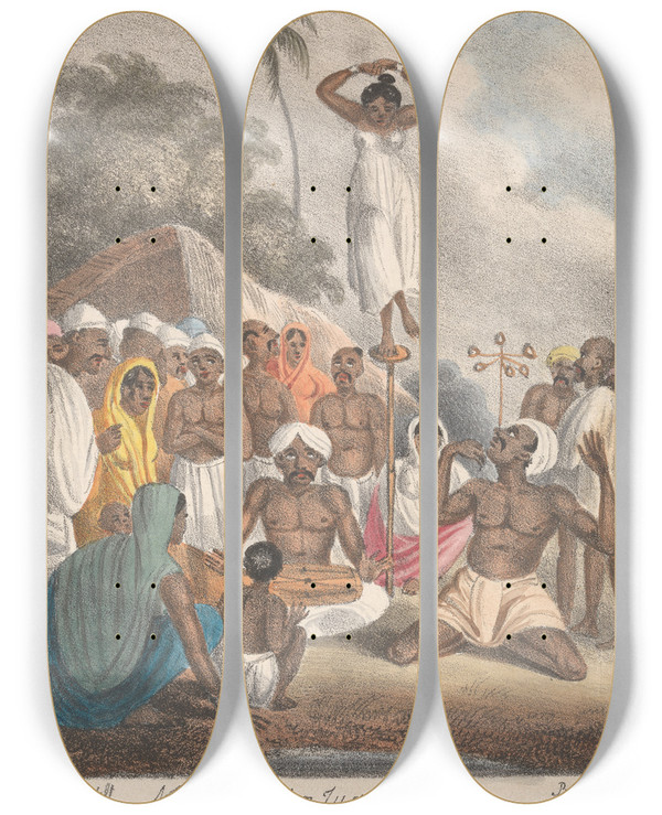 Triptych art skateboard deck of Sir Charles Doyly Indian Jugglers by Sir Charles Doyly (1781-1845)