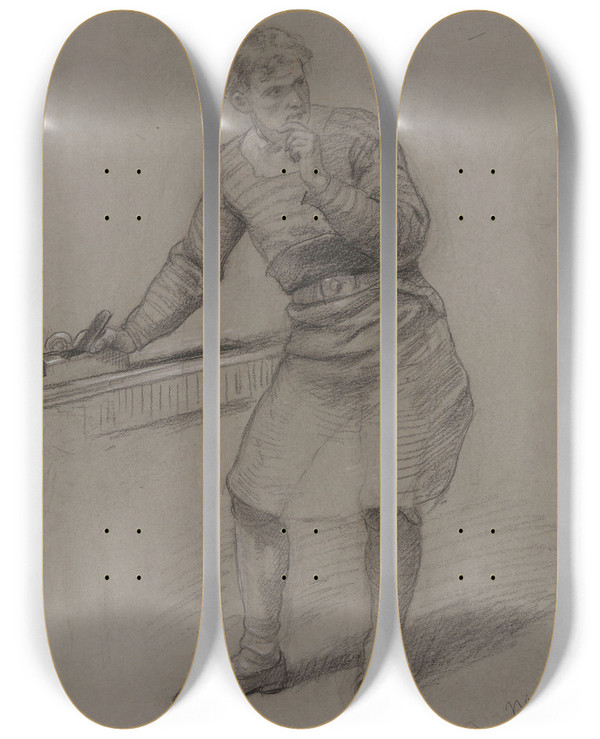 Triptych art skateboard deck of Adolph Tidemand Standing Young Man With A Planer by Adolph Tidemand (1814-1876)
