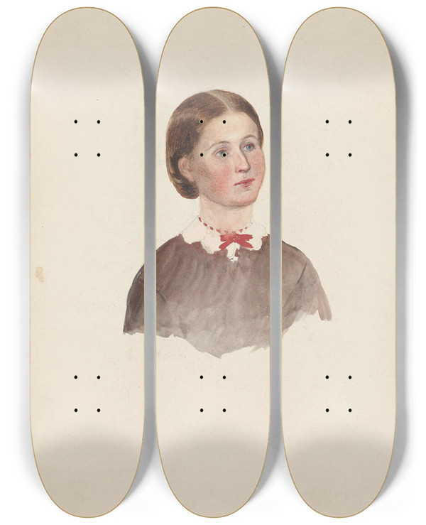 Triptych art skateboard deck of Adolph Tidemand Ung Kvinne Med Rd Halsslyfe by Adolph Tidemand (1814-1876)