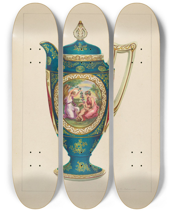Triptych art skateboard deck of Robert Schuerer Chocolate Pitcher by Robert Schuerer