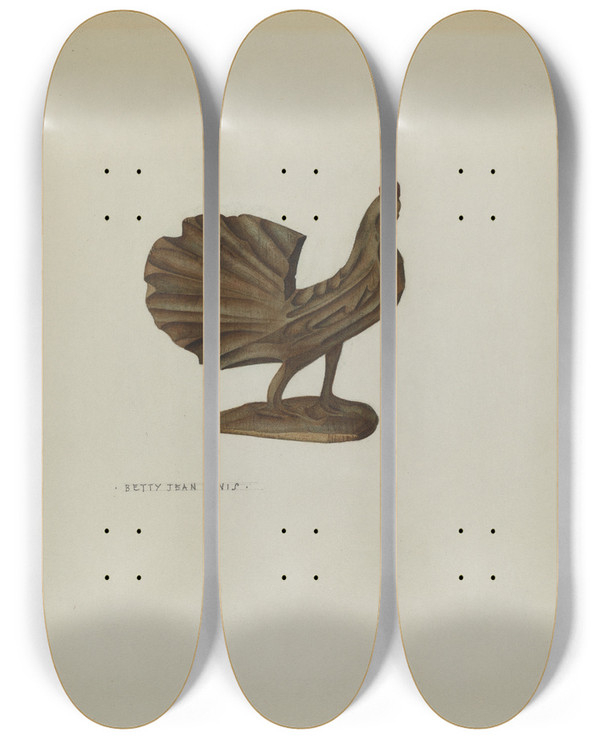 Triptych art skateboard deck of Betty Jean Davis Pa German Toy Rooster by Betty Jean Davis