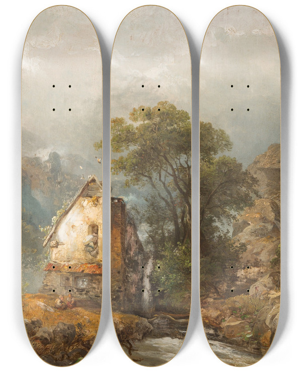 Triptych art skateboard deck of Carl Hilgers Mill By A Stream by Carl Hilgers (1818-1890)