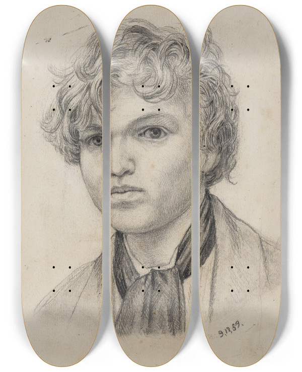 Triptych art skateboard deck of Hans Thoma Jugendliches Selbstbildnis by Hans Thoma (1839-1924)