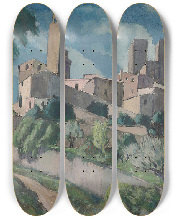 Triptych art skateboard deck of Hermann Lismann San Gimignano_4 by Hermann Lismann (1878-1943)